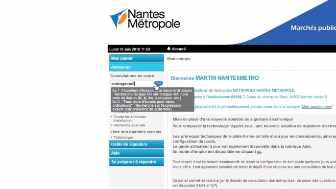 Rechercher une consultation sur la plateforme marchés publics de Nantes Métropole