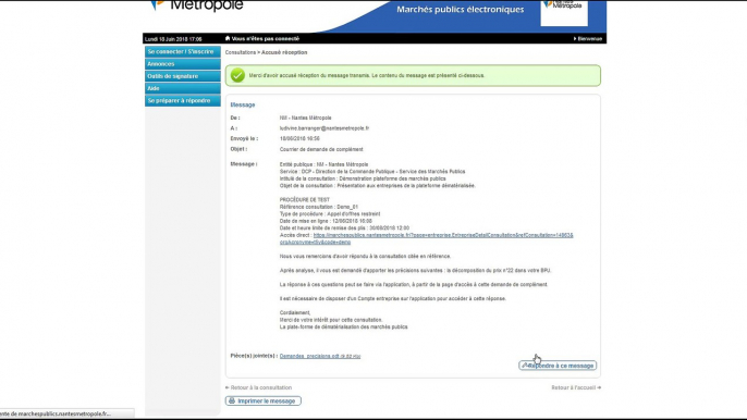 Répondre à un message provenant de la plateforme marchés publics de Nantes Métropole