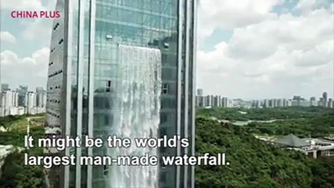 A tower in Guiyang was built with a spectacular 108-meter cascade tumbling down its surface. The artificial waterfall uses runoff, rainwater and groundwater col