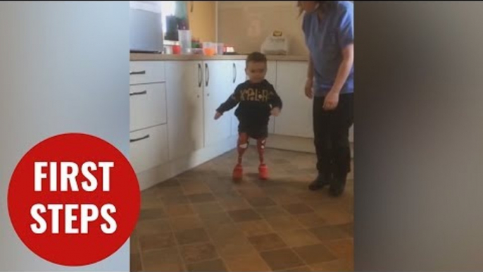 Brave three-year-old meningitis survivor takes his first steps on prosthetics