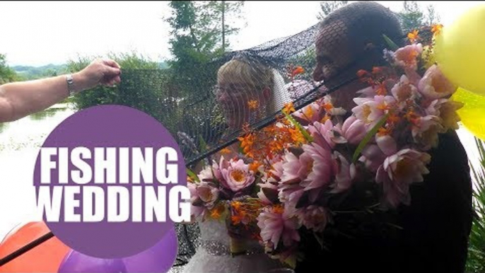 Happy couple renew their wedding vows in fishing themed ceremony