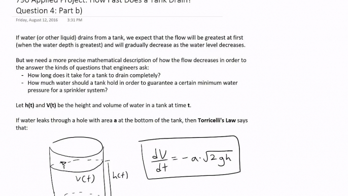 Applied Project: How Fast Does a Tank Drain? Question 4: Part b) (DTube)