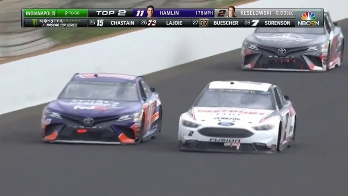 Nascar Indianapolis 18 Restart Final Laps Hamlin Keselowski Battle Win