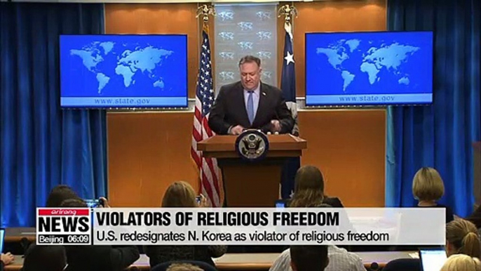 U.S. redesignates N. Korea as violator of religious freedom