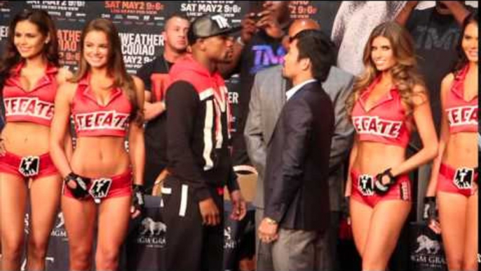 FLOYD MAYWEATHER v MANNY PACQUIAO - INTENSE HEAD TO HEAD & FACE OFF @ FINAL PRESS CONFERENCE / MAY 2