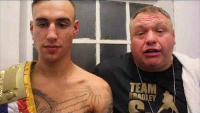 BRADLEY SMITH CELEBRATES WINNING HIS FIRST PROFESSIONAL TITLE @ YORKHALL W/ TRAINER BARRY SMITH