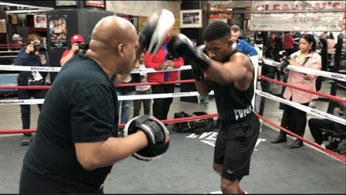 DANIEL JACOBS PAD WORK WITH TRAINER ANDRE ROZIER @ OPEN WORKOUT IN NEW YORK/ JACOBS v SULECKI