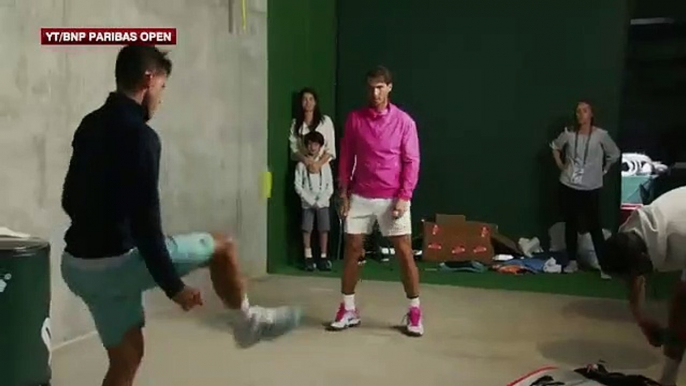 Tennis - Indian Wells - Rafael Nadal and Dominic Thiem are playing football with a tennis ball