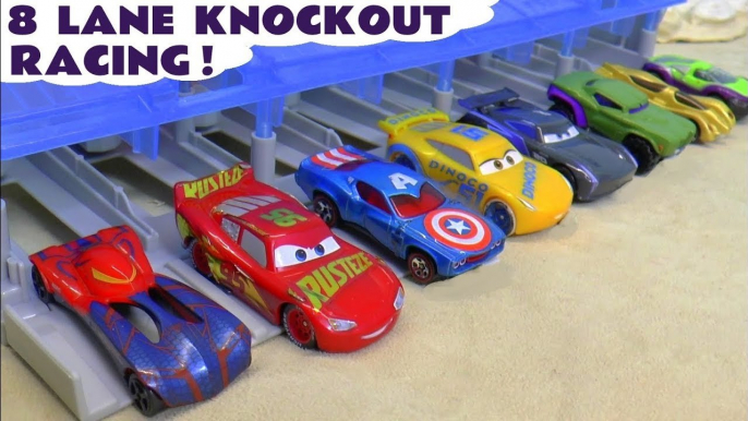 Hot Wheels Race Off Pixar Cars 3 Knockout Racing with DC Comics Justice League & Marvel Avengers 4 Superheroes against Toy story 4 Rex and PJ Masks Catboy & Lightning McQueen