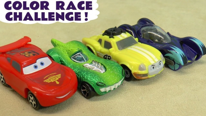 Hot Wheels Learn Colors Race Challenge when racers Learn English with Disney Pixar Cars 3 Lightning McQueen vs Marvel Avengers 4 Endgame & DC Comics Justice League with Transformers and Frozen Queen Elsa