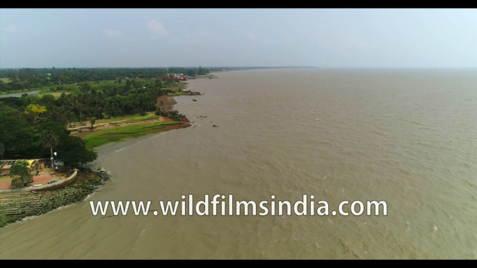 Rare Aerial view of Diamond Harbour, West Bengal, Bay of Bengal, India, 4k Aerial stock footage.