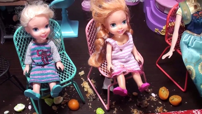 Elsa and Anna toddlers eating out with Barbie