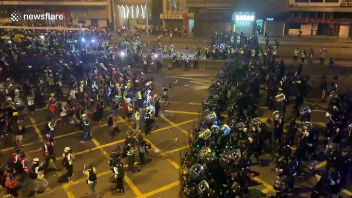 Top shot of tear gas being fired at Hong Kong pro-democracy protesters