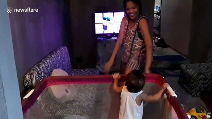 Filipino babysitter keeps infant entertained with crazy dance moves