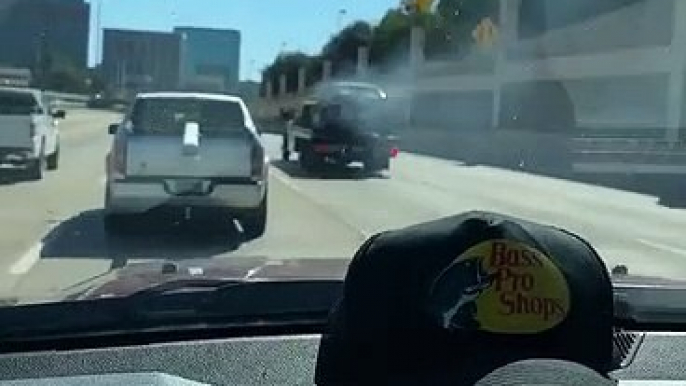 Flatbed Truck Tows Flaming Car