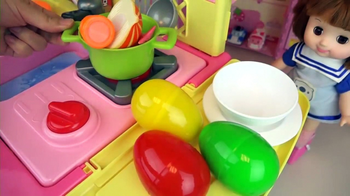 Kitchen cart and Baby Doll toys surprise eggs baby doli play