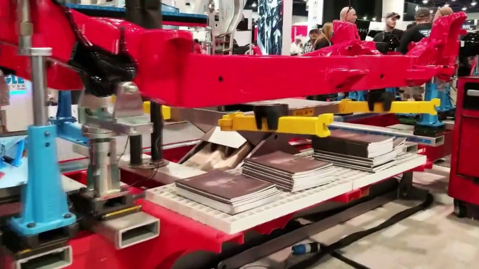 Celette booth at SEMA 2019 with frame machines, universal jigs, measuring systems, and welding tools