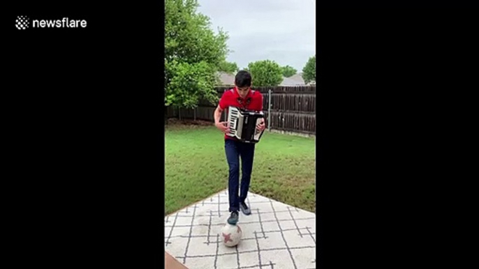 Multitask master! Talented Texas boy juggles soccer ball while playing accordian