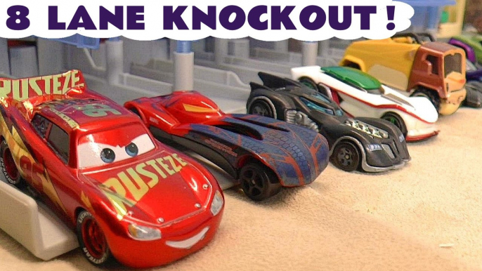 8 Lane Knockout Hot Wheels Racing Challenge with Disney Pixar Cars McQueen vs Funlings and Marvel Avengers in this Family Friendly Full Episode English Toy Story from a Family Channel