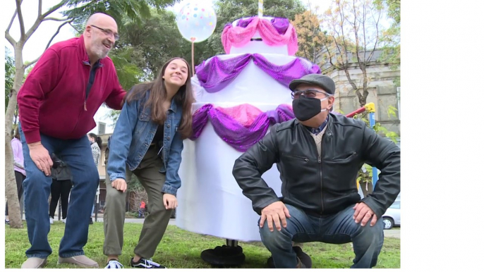 Human cake entertains outside birthdays amid pandemic