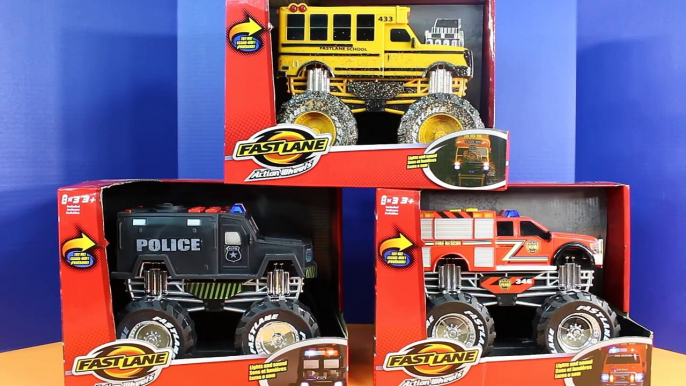 Fast Lane Monster Truck Fire Truck And Police Truck Help Crashed School Bus