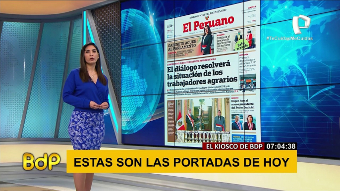 Pamela Acosta leyendo las portadas del dia en el Kiosko de Buenos dias Peru - jueves 03 de diciembre del 2020