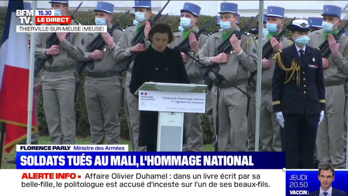 "Vous êtes tombés pour la France, en vous battant pour elle, jusqu'au dernier souffle": Laurence Parly, ministre des Armées, rend hommage aux trois soldats du 1er régiment de chasseurs morts au Mali