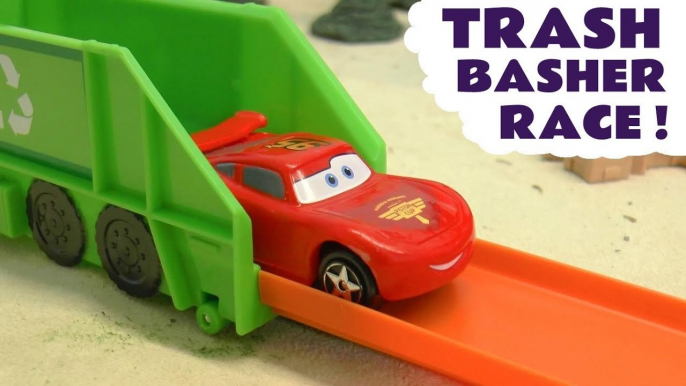 Hot Wheels Trash Basher Challenge with Disney Pixar Cars 2 Lightning McQueen versus Toy Story and Marvel Avengers in this Family Friendly Funny Funlings Race Full Episode English Video for Kids from Toy Trains 4U