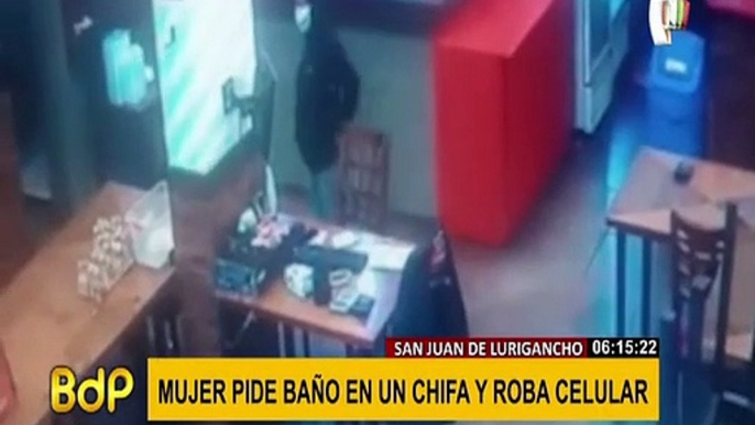 SJL: cámaras captan a ladrona robando celular en chifa