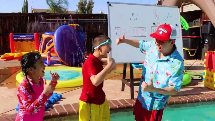 Jannie And Andrew Pretend Play Swim In The Pool Challenge With Toys For Kids