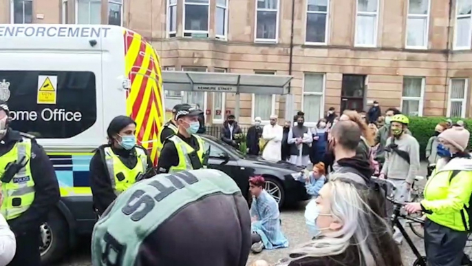 Community gathering to block an Immigration Enforcement van in Pollokshields, Glasgow, this morning