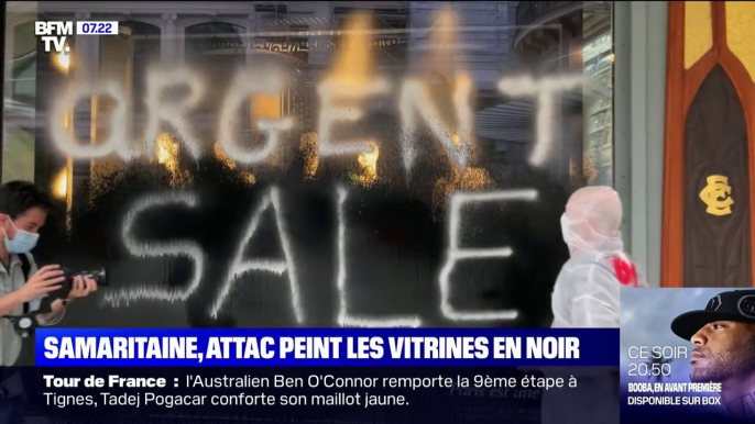 Attac peint les vitrines de la Samaritaine en noir pour dénoncer "l'enrichissement des milliardaires pendant la crise sanitaire"