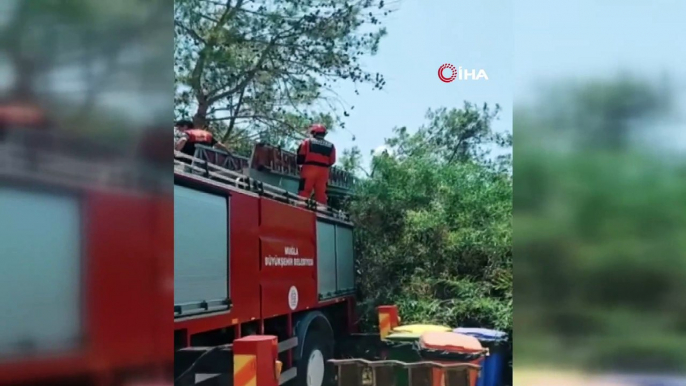 Ağaca dolanan yamaç paraşütü pilotu ve yolcusunu itfaiye kurtardı