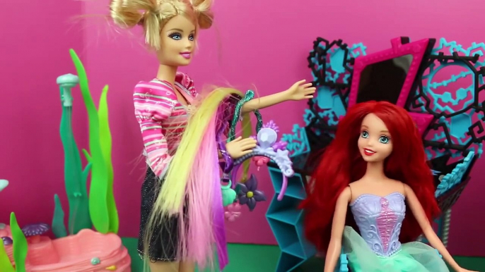 Barbie Hair Salon Little Mermaid ARIEL Gets BAD Hair from Barbie & Frozen Princess Elsa Hair