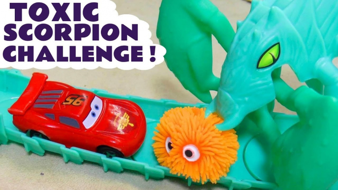 Hot Wheels Cars Toxic Scorpion Funlings Race Challenge with Disney Cars Lightning McQueen versus PJ Masks and Marvel Avengers Superheroes in this Stop Motion Racing Video for Kids by Kid Friendly Family Channel Toy Trains 4U