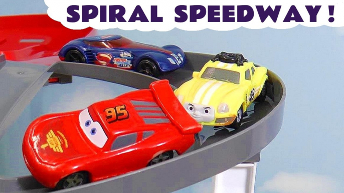 Hot Wheels Spiral Speedway with Disney Pixar Cars 3 Lightning McQueen versus Marvel Avengers Toy Cars Race in this Funlings Race Competition Video for Kids by Kid Friendly Family Channel Toy Trains 4U