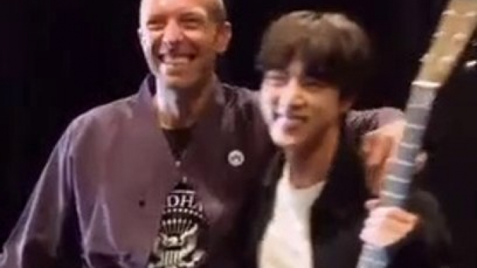 LOOK HOW HAPPY JIN WAS WHEN CHRIS MARTIN GIFTED HIM THE GUITAR!