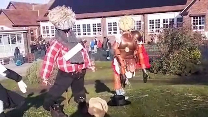 Scarecrows created by pupils at Marsden Primary School