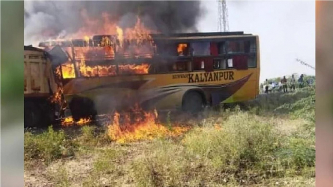 Bus catches fire after colliding with tanker, 12 dead