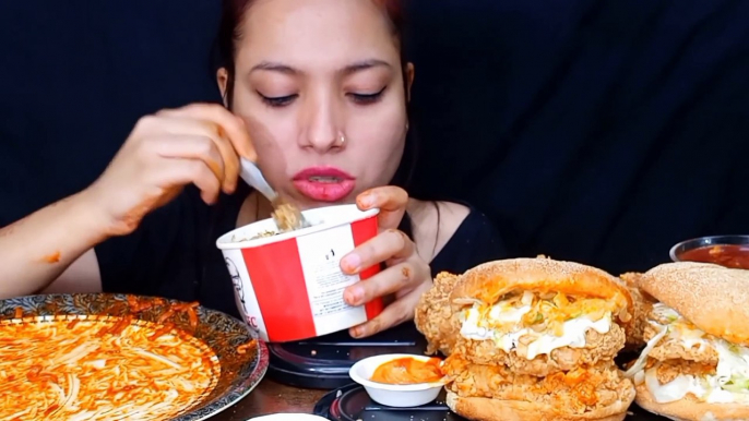 Asmr Eating KFC Double Patty Chicken Burger, Spicy Fire Noodles, Rice Cake, Popcorn Bowl, Fried Chicken Foodie JD