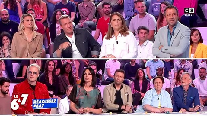 Kelly Vedovelli et Cyril Hanouna sur le plateau de l'émission "Touche pas à mon poste" à Paris.