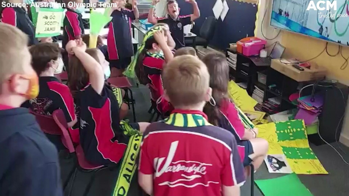 School children react to Scotty James winning silver in the men's halfpipe finals at the Winter Olympic Games Beijing 2022 | February 11, 2022 | ACM