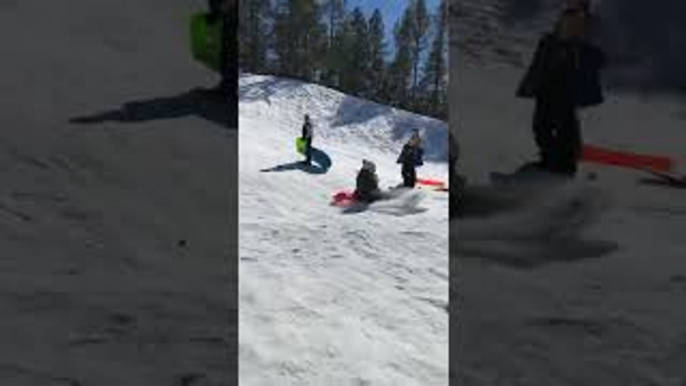 Woman Sledding Loses Control and Hits Ice Block