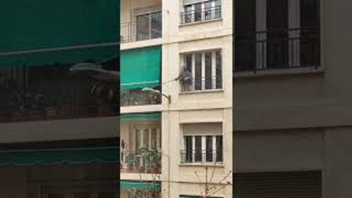 Woman Scrubs Lamppost from Her Apartment Window