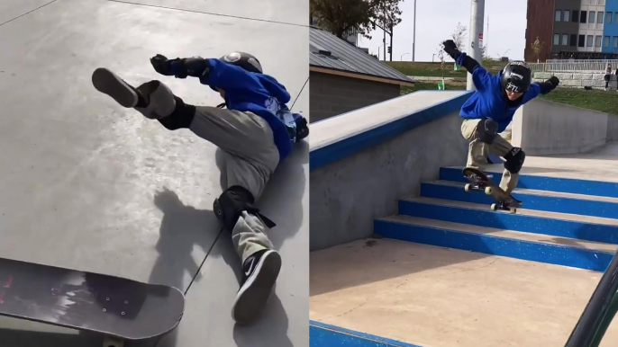 'Young skateboarder tests his luck by jumping down stair sets '