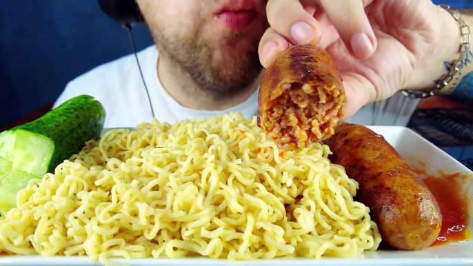 ASMR YELLOW NOODLES & FRIED SAUSAGE KIELBASA EATING | ASMR EATING SHOW MUKBANG NO TALKING