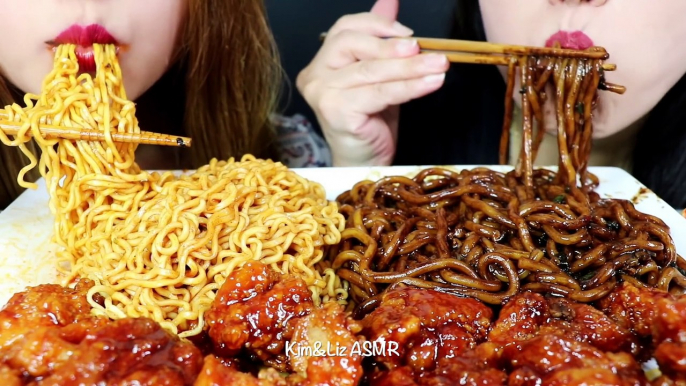 ASMR BLACK BEAN NOODLES + FIRE NOODLES + CREPE CAKE 짜장면 양념 치킨 불닭볶음면 먹방  Kim&Liz ASMR