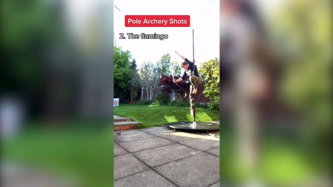 Watch as Leeds dad combines pole-dancing and archery to perform incredible stunts (Video: SWNS)