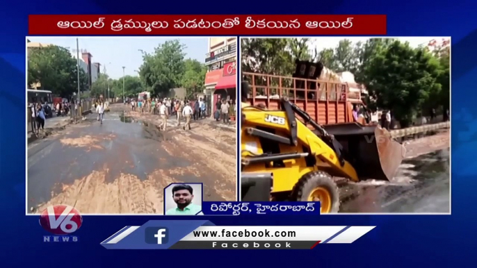 Oil Tanker Overturns, 3200 Liters Oil Fell On Road Leads Huge Traffic Jam  _ V6 News (1)