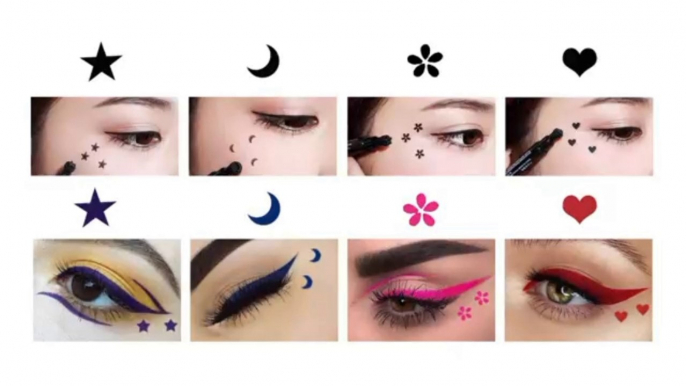 KARNAR 4 in 1 Stars Flowers Hearts Moon Face Stamps Eyeliner Makeup Set, Purple Blue Red Pink Star Heart Colored Liquid Winged Eyeliner Stamps Shapes Face Tattoo Makeup Eye Liner Wing Stamp Eyeliner